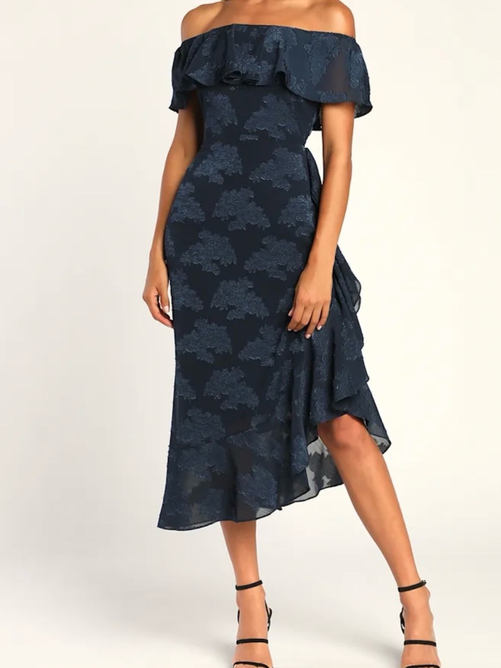Pretty Perfect Navy Floral Burnout Off-The-Shoulder Midi Dress